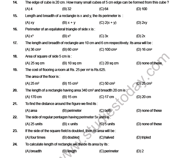 Cbse class 6 mathematics mensuration mcqs set c multiple choice